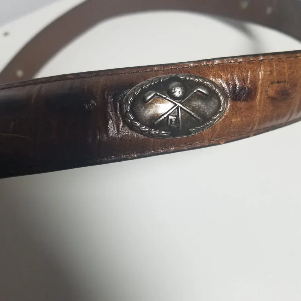 Vtg Men's Brown Croc-Textured Leather Silver Conchos Golf Belt Sz 42